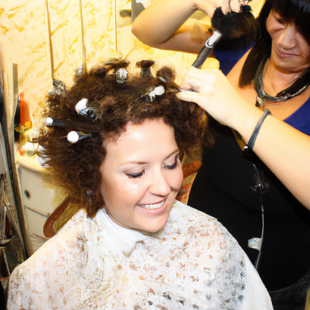 Woman getting hair permed professionally